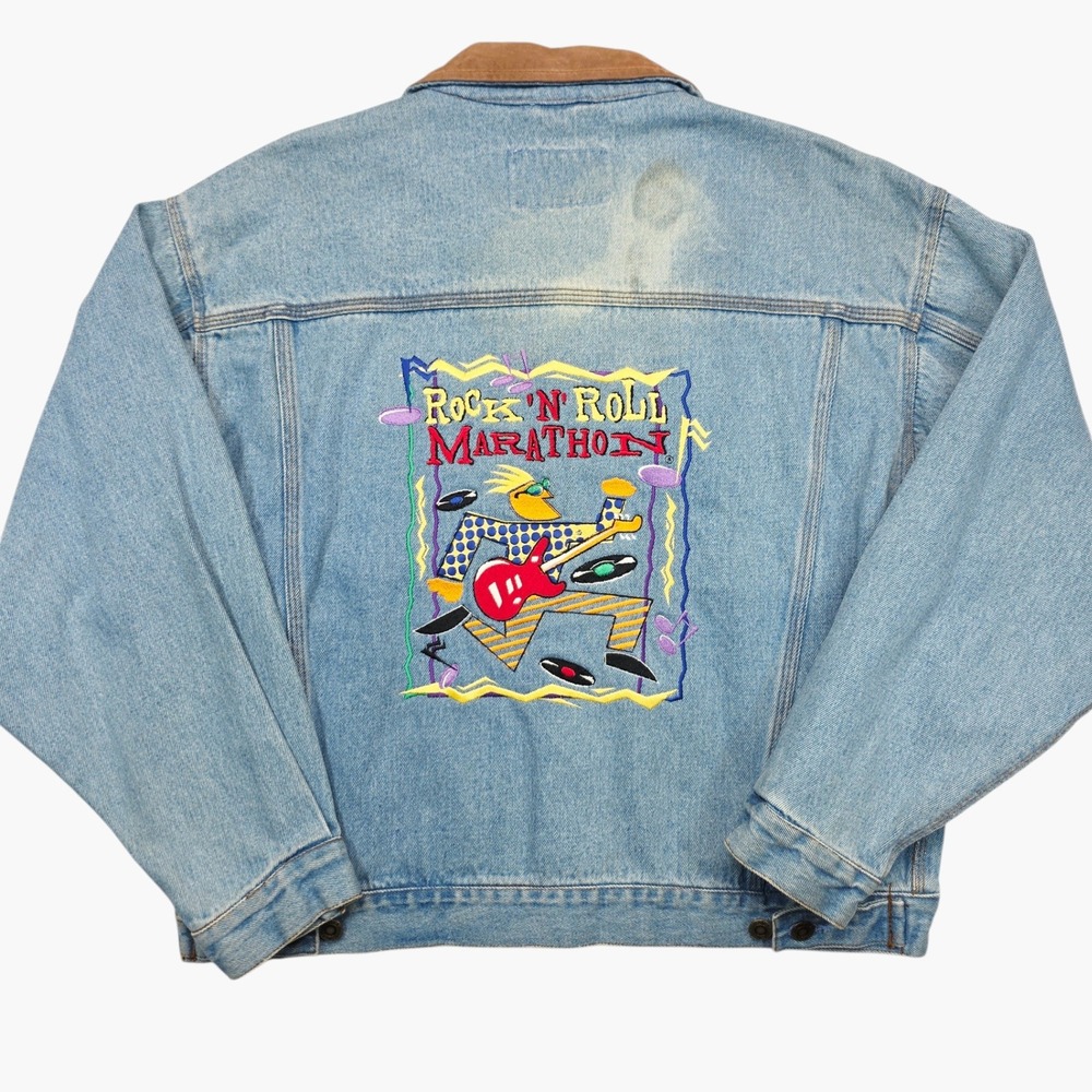 Vintage Woodlake Denim Jacket Rock N Roll Marathon Embroidered Blue Large - Picture 9 of 11